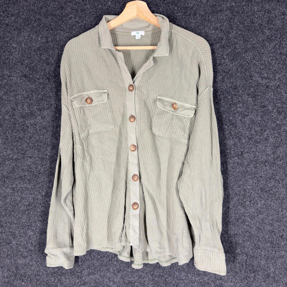 Dip Shirt Women M Medium Gray Button Up Waffle Collared Long Sleeve Pockets